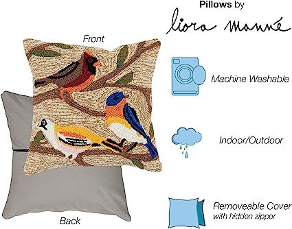 Frontporch Indoor/Outdoor Easy Care Invisible Zipper Hand Tufted Pillow- Birds Multi 18" x 18"