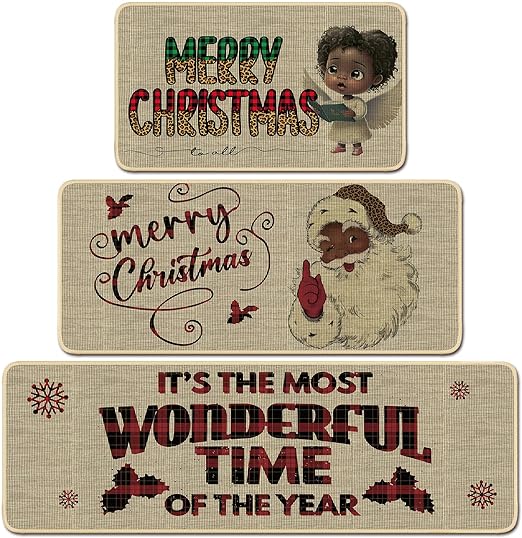 Sets of 3Black Santa Claus African American Merry Christmas Winter Farmhouse Party Floor Mat