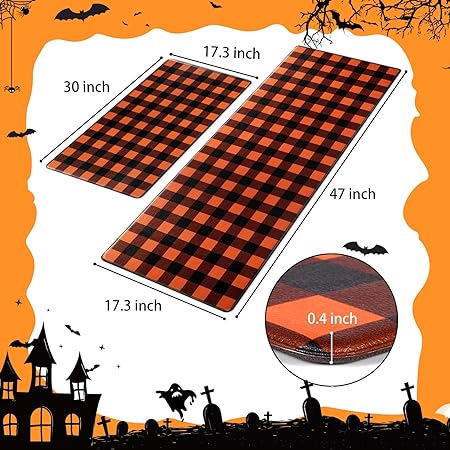 2 PCS Non Slip Halloween Decor Checkered Kitchen Floor Mats, 17x30 and 17x47 Inch