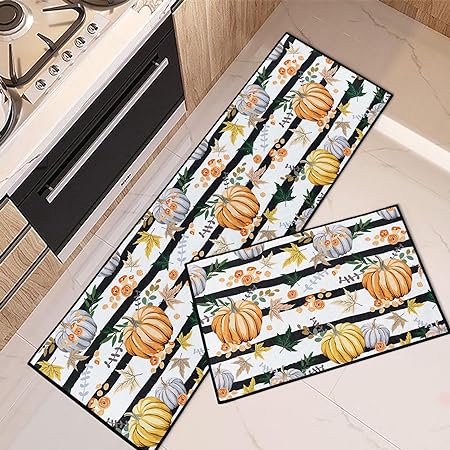 Wooden Board Vintage Kitchen Mats Autumn Maple Leaves Non Skid Washable Set of 2,