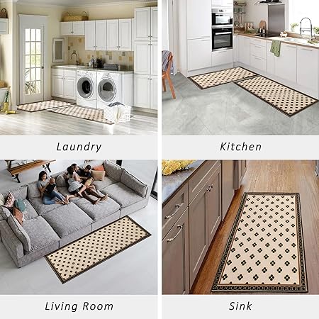 2 PCS Vintage Water Absorb Microfiber Non Skid Washable Farmhouse Kitchen Mats and Rug Set - 17"x29.5"+17"x47", Beige&Black