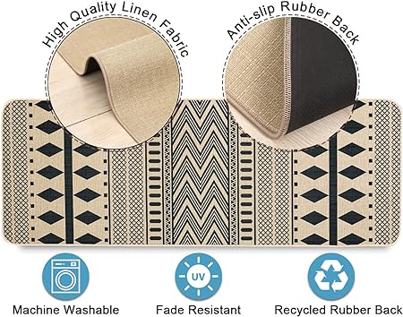 Non Skid Washable Black and White Boho Kitchen Rug Sets of 2, 17x29 and 17x47 Inch