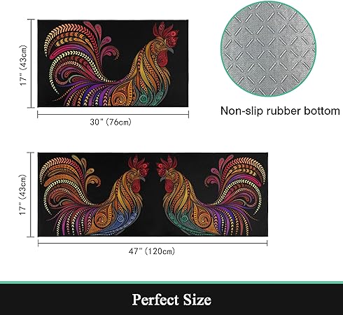 Rooster Colorful Chicken Non-Slip Washable Microfiber Kitchen Carpet 17x47+17x30 Inches
