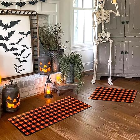 2 PCS Non Slip Halloween Decor Checkered Kitchen Floor Mats, 17x30 and 17x47 Inch