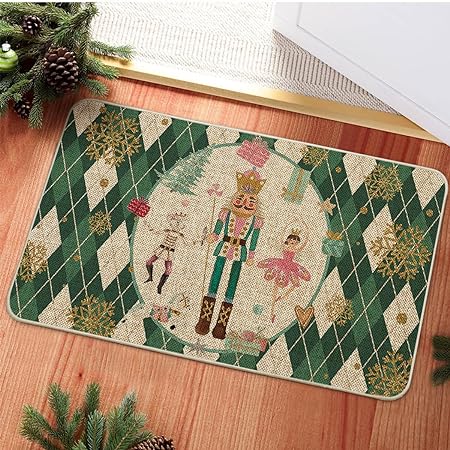 Green Diamond Plaid Nutcracker Christmas Doormat, 17x29 Inch