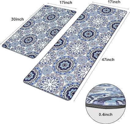 Set 2 Piece Cushioned Anti Fatigue Kitchen Mat Artistic, Rustic Kitchen Rugs and Mats No Skid Washable for Home, Waterproof Floor Comfort Mat PVC, 17" x 47" + 17" x 30"