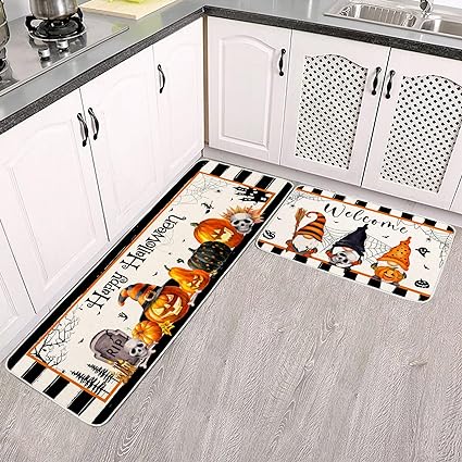 Non-Slip Gnome Doormat for Outdoor Indoor Kitchen Decor, Halloween Decorative Kitchen Mats Set of 2,