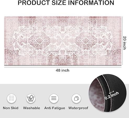 Boho Vintage Tebriz Non Slip Washable Cushioned Waterproof Rugs for Kitchen, 20 x 48