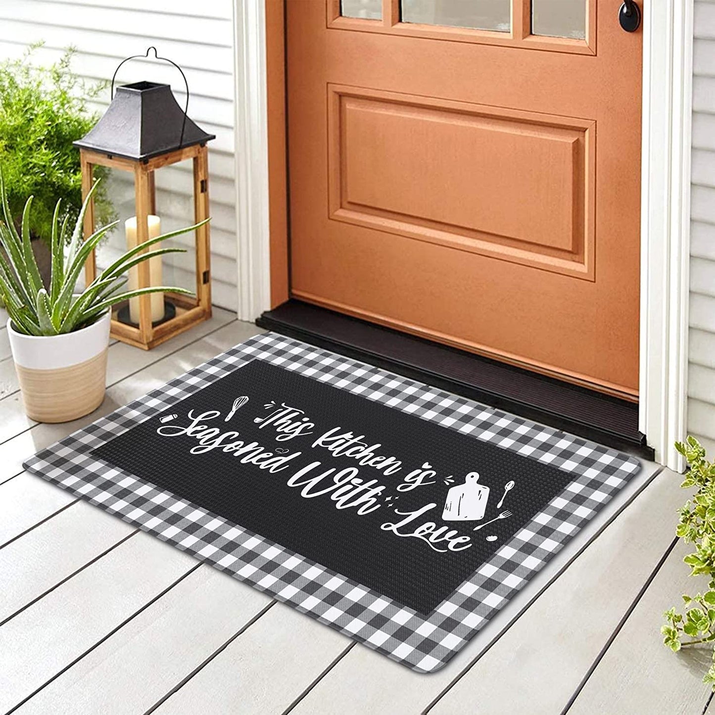 Anti Fatigue Waterproof Cushioned Black Set of 2, Non Skid Standing Mats with Kitchen Motto 17.3''x29''+17.3''x47''