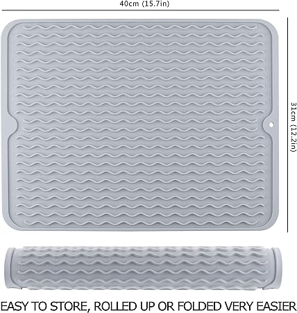 Heat Resistant Silicon Dish Drying Mat, (12" x 16", GREY)