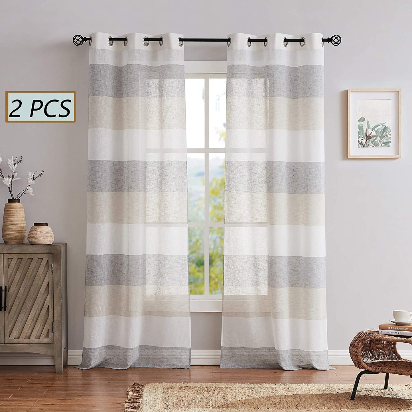 Gray Tan Stripe Sheer Color Block Window Curtain Panel Linen 95 inches Long with Grommets, 2 Panel Rustic Drapes
