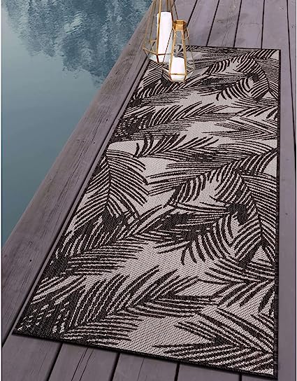 Contemporary Distressed Leaves Textured Flat Weave Easy Cleaning Outdoor Rugs