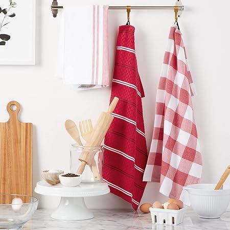 Stripe Gingham Dual Purpose Kitchen Towel 3-Pack Set, Blue Velvet, 16"x28"