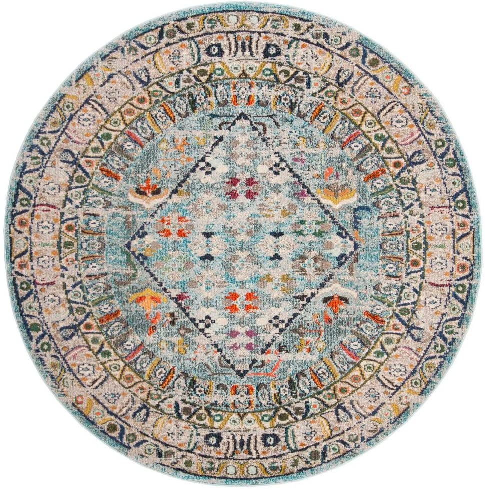 Monaco Collection  Boho Chic Oriental Distressed  Area Rug Blue / Light Grey