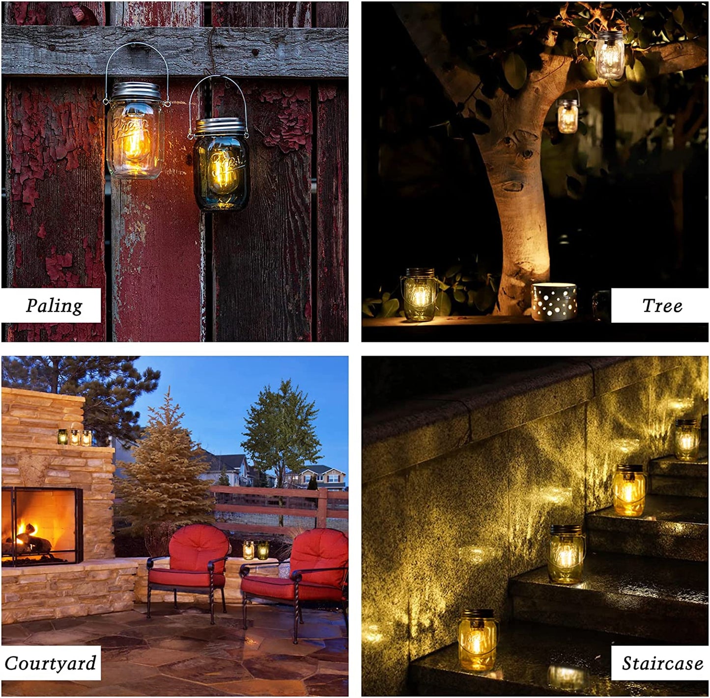Outdoor Mason Jar Lights Hanging, 2-Pack LED Decorative Garden Lanterns with Timer