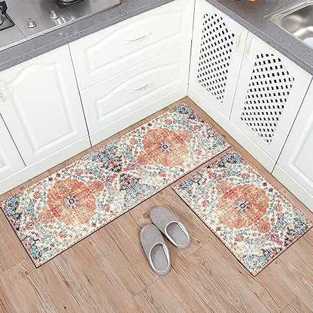 Set of 2 Non Slip Thick Kitchen Rugs and Mats, 17"x47"+17"x28"