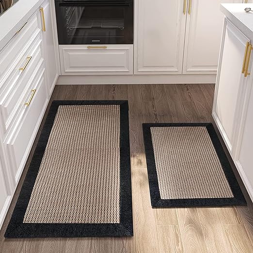 Set of 2 Twill Non Skid Washable Farmhouse Kitchen Floor Mats, 20"x32 + 20"x48