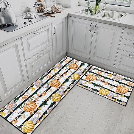 Wooden Board Vintage Kitchen Mats Autumn Maple Leaves Non Skid Washable Set of 2,