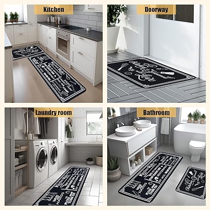 Non Skid Washable Microfiber mats for Kitchen Floor, Kitchen Rules Theme Kitchen Cushioned Runner Rug Decor Sets of 2,Size 17"x 47"+17"x 30"