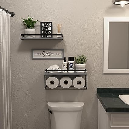 Floating Shelves with Wall Décor Sign, Bathroom Shelves Over Toilet with Wire Storage Basket, Wood Wall Shelves with Protective Metal Guardrail– Black