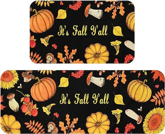 Thanksgiving Pumpkins Absorbent Washable Fall Kitchen Rug Set for Home, 17.3"x 30" +17.3"x 47"