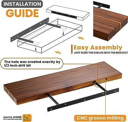 Set of 2, 17" Acacia Wood Floating Shelves Wall Mounted