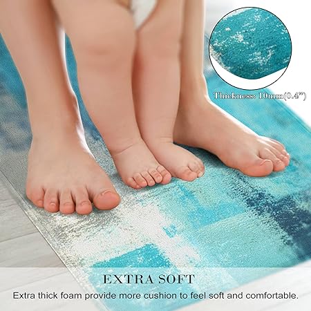 2 Pieces Abstract Anti Fatigue Non Slip Foam Cushioned Blue and Brown Art Painting Comfort Indoor Floor Mat, (17"x48"+17"x24")