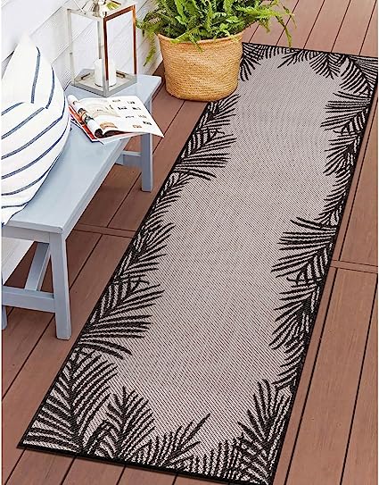 Tropical Floral Palm Leaves Textured Flat Weave Easy Cleaning Outdoor Rugs