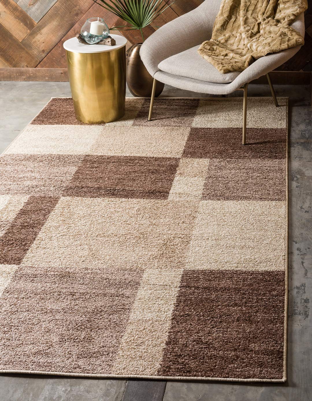 Warm Toned Checkered Beige Light Brown Area Rugs