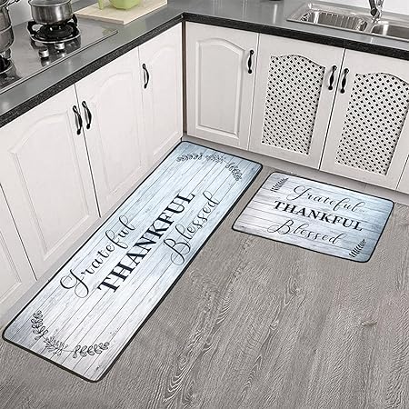 Set of 2 Non-Slip Grey Kitchen Farmhouse Rugs 16 x 31.5 in +16 x 47.3 in (Black Rugs)