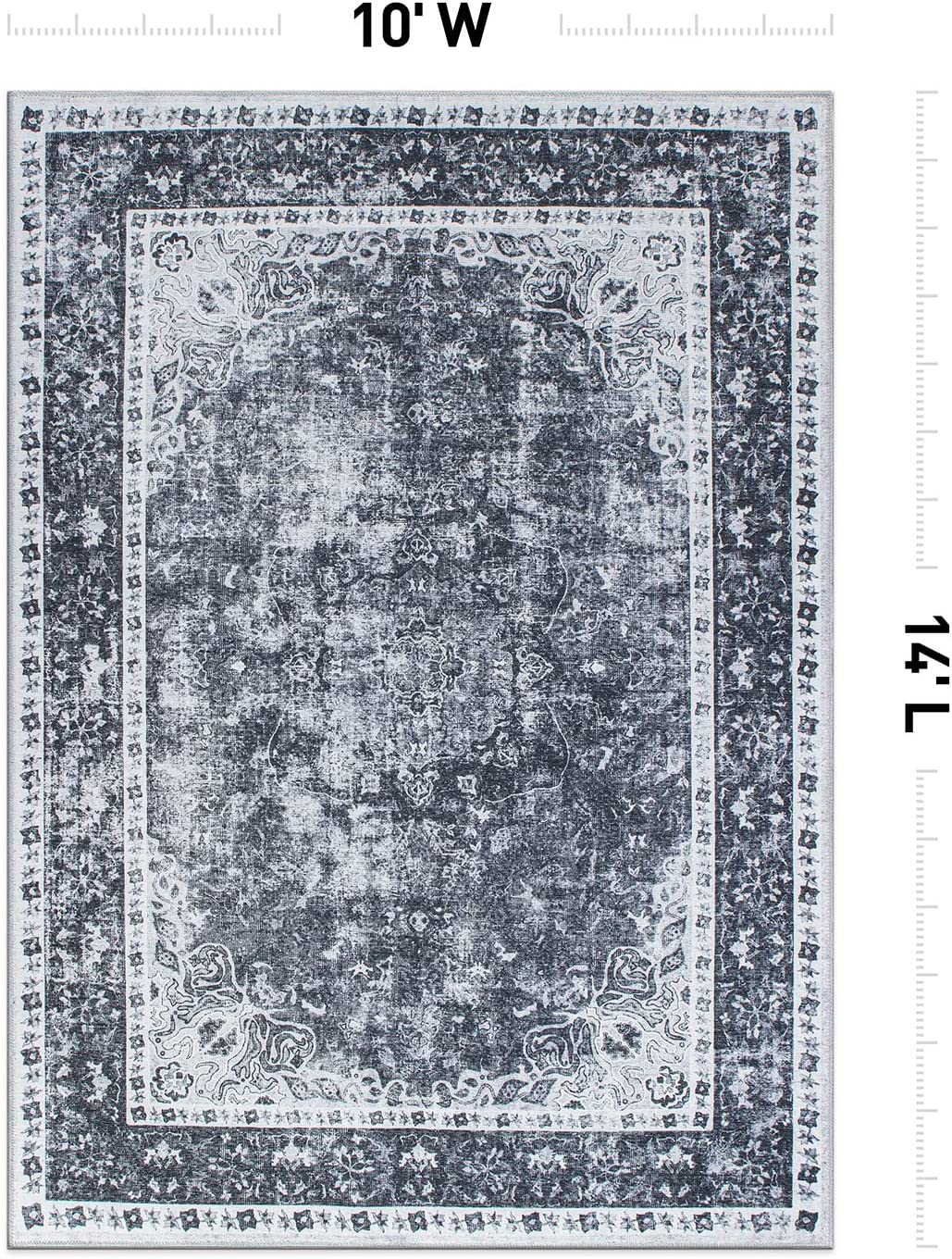 Traditional Distressed Medallion Stain Resistant Flat Weave Eco Friendly Premium Recycled Machine Washable Area Rug 10'x14' Black