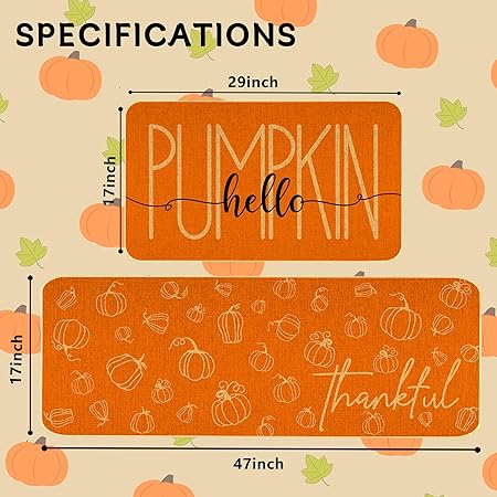 Orange Hello Pumpkin Thankful Fall Kitchen Mats Set of 2- 17x29 and 17x47 Inch