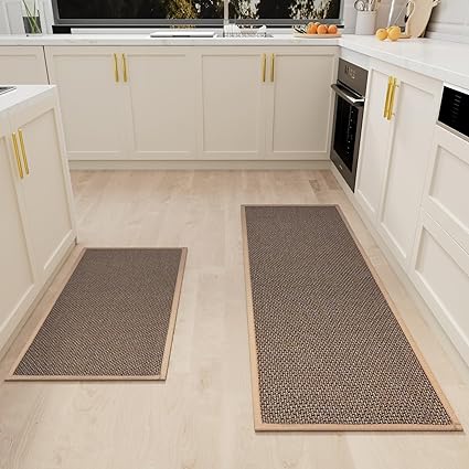 Rubber Backing Cushioned Non Slip Kitchen Rugs , Washable for Kitchen, Office, Home, 17.3"x47"+17.3"x30" (Brown)
