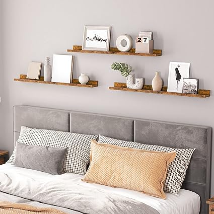 Floating Shelves, Wall Shelf Set of 3, 35.4 Inches Hanging Shelf with Raised Edge and Invisible Brackets, Rustic Brown BF90BJ01