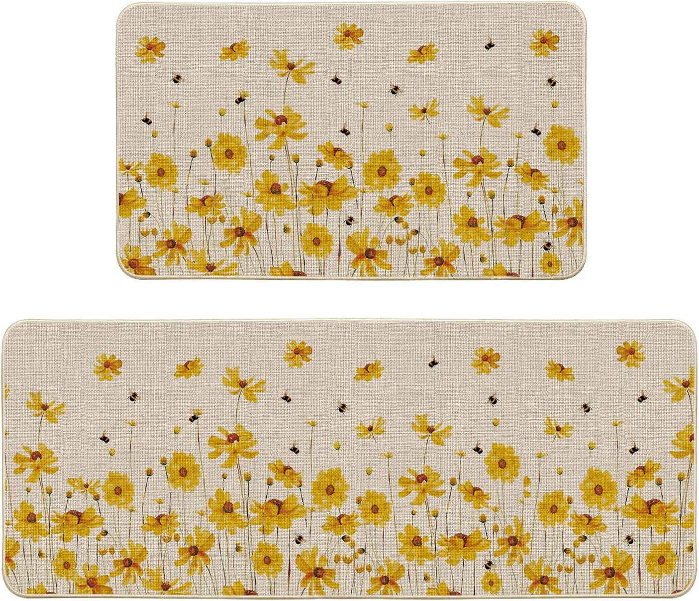 Set of 2, Yellow Flowers Bee Spring Summer Home Decor Low-Profile Kitchen Rugs 17x29 and 17x47 Inch