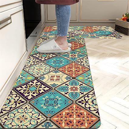 Set 2 Pieces,0.4 Inches Thick Non Slip Kitchen Rugs and Mats Teal Wood Cushioned Anti Fatigue Floor Mat Waterproof Comfort Standing Runner Sink Rug,17.3 x 28+17.3 x 47 Inch