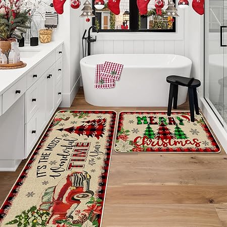 Set of 2 - Red Buffalo Plaid Christmas Kitchen Decor 17"x27+17"x47"