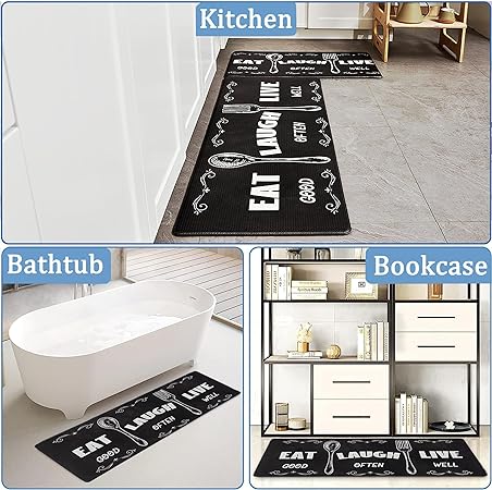 Non-Slip & Comfort Cushioned Waterproof Black Anti-Fatigue Kitchen Mat Set -2 Pieces,