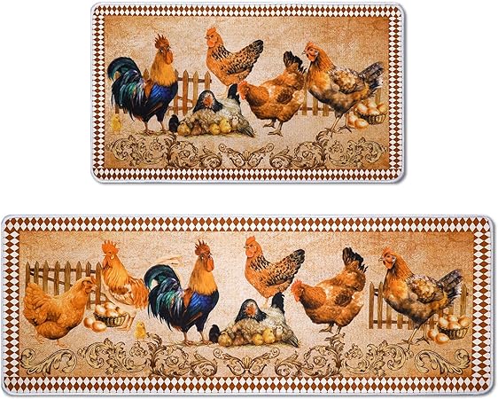 2 Pc Rooster Non Slip Washable Home Winter Holiday Decor, 17 x 30 Inch, 17 x 47 Inch