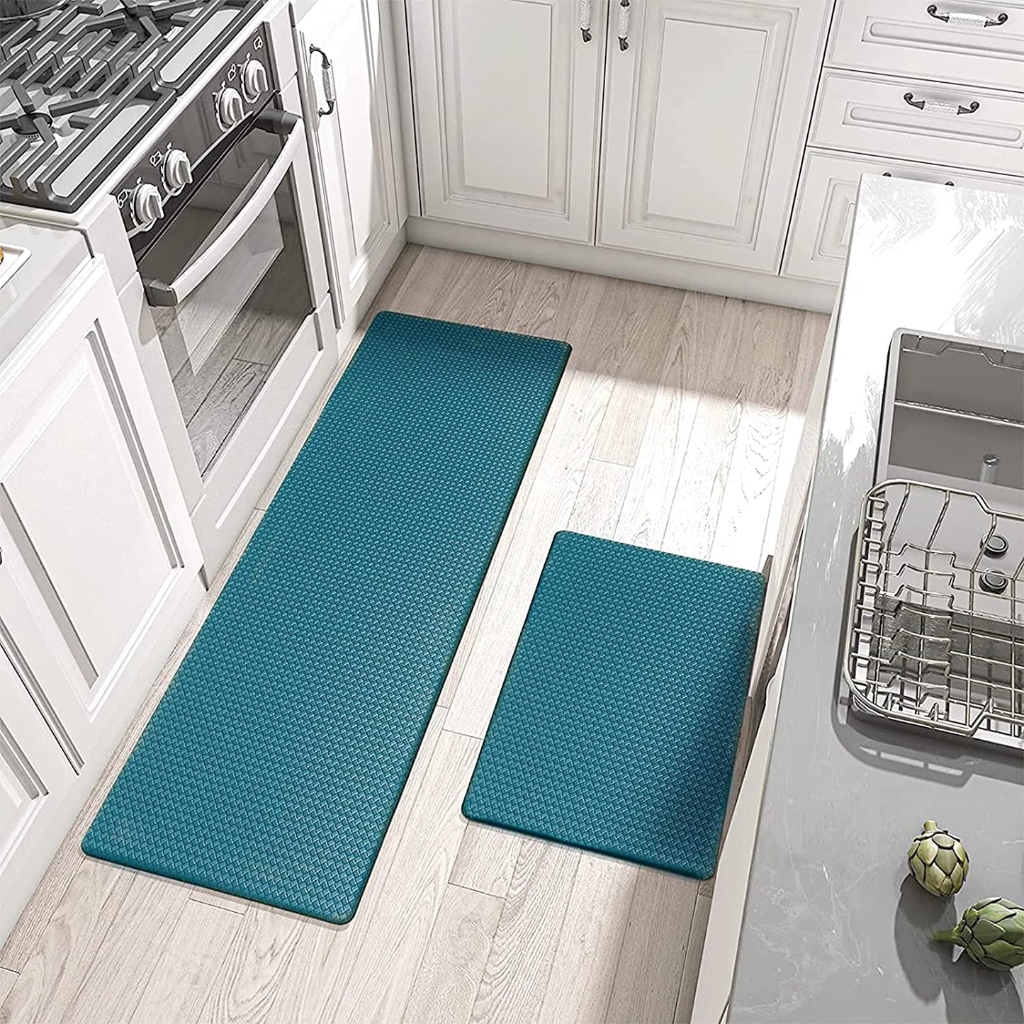 [2 PCS] Cushioned Anti Fatigue Kitchen Runner，(17 x 47 +17 x 29 in) - (Turquoise Blue)