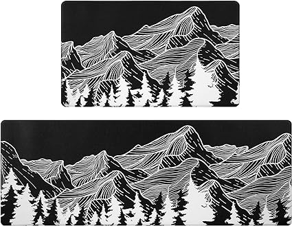 2 Piece Set Anti Fatigue Waterproof Non Skid Washable, Mountain Kitchen Mats for Floor Cushioned, 18'' x 48''+18'' x 30'', Black