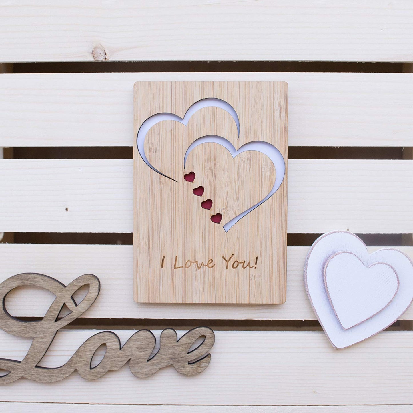 I Love You Card Handmade With Real Bamboo Greeting Cards For Any Occasion - Happy Valentines Day - Anniversary