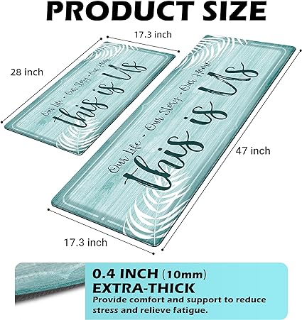 Set 2 Pieces,0.4 Inches Thick Non Slip Kitchen Rugs and Mats Teal Wood Cushioned Anti Fatigue Floor Mat Waterproof Comfort Standing Runner Sink Rug,17.3 x 28+17.3 x 47 Inch