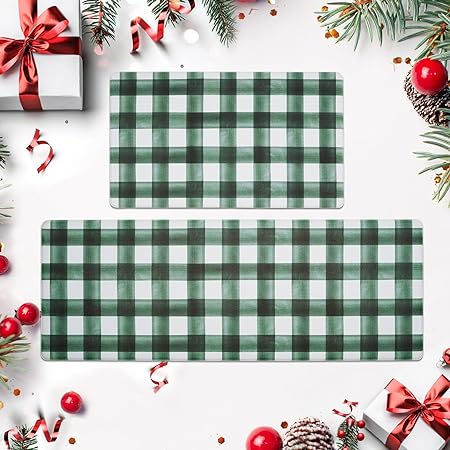 2 Piece Set Plaid Kitchen Mats for Floor Anti Fatigue Waterproof & Non-Skid Kitchen Rugs Cushioned Checkered