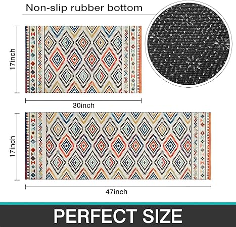 2 Piece Washable Non-Slip Black Boho Kitchen Mats