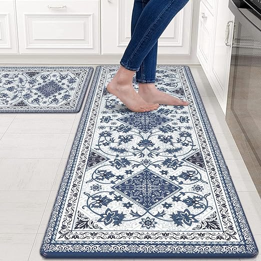 Cushioned Anti-Fatigue Memory Foam Non Skid Waterproof,  Blue Retro Floor Comfort Mat, 18'' x 48'' + 18'' x 30''