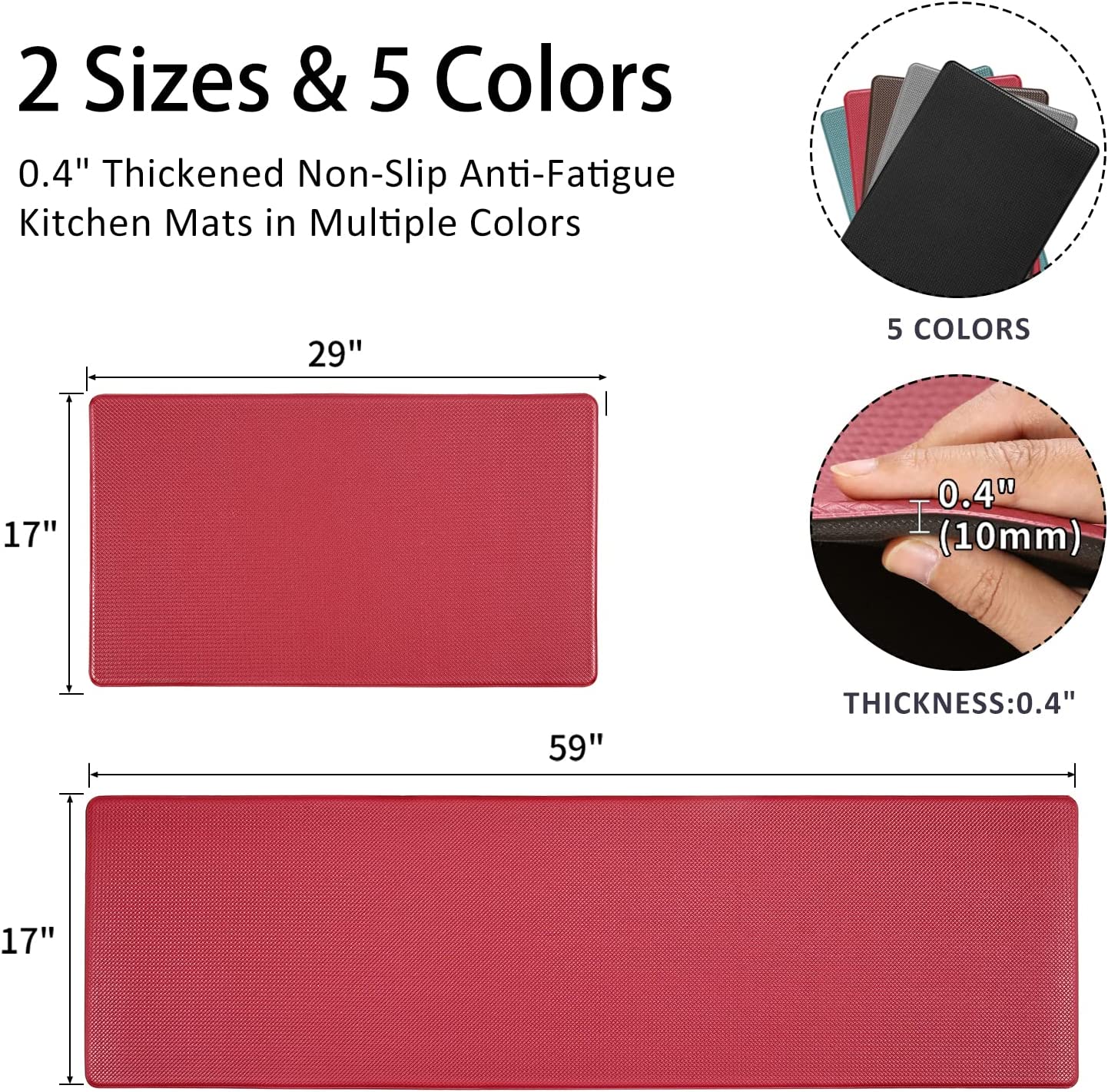 Set of 2 Cushioned Anti Fatigue Non Slip Waterproof Kitchen Mats 17"x29" +17"x59", Pink Red