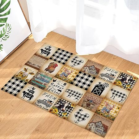 Non-Slip Absorbent Microfiber Soft Plush Farmhouse Animals Farm Country Cow Pig Rooster Plaid Bath Mats , 24" X 16"