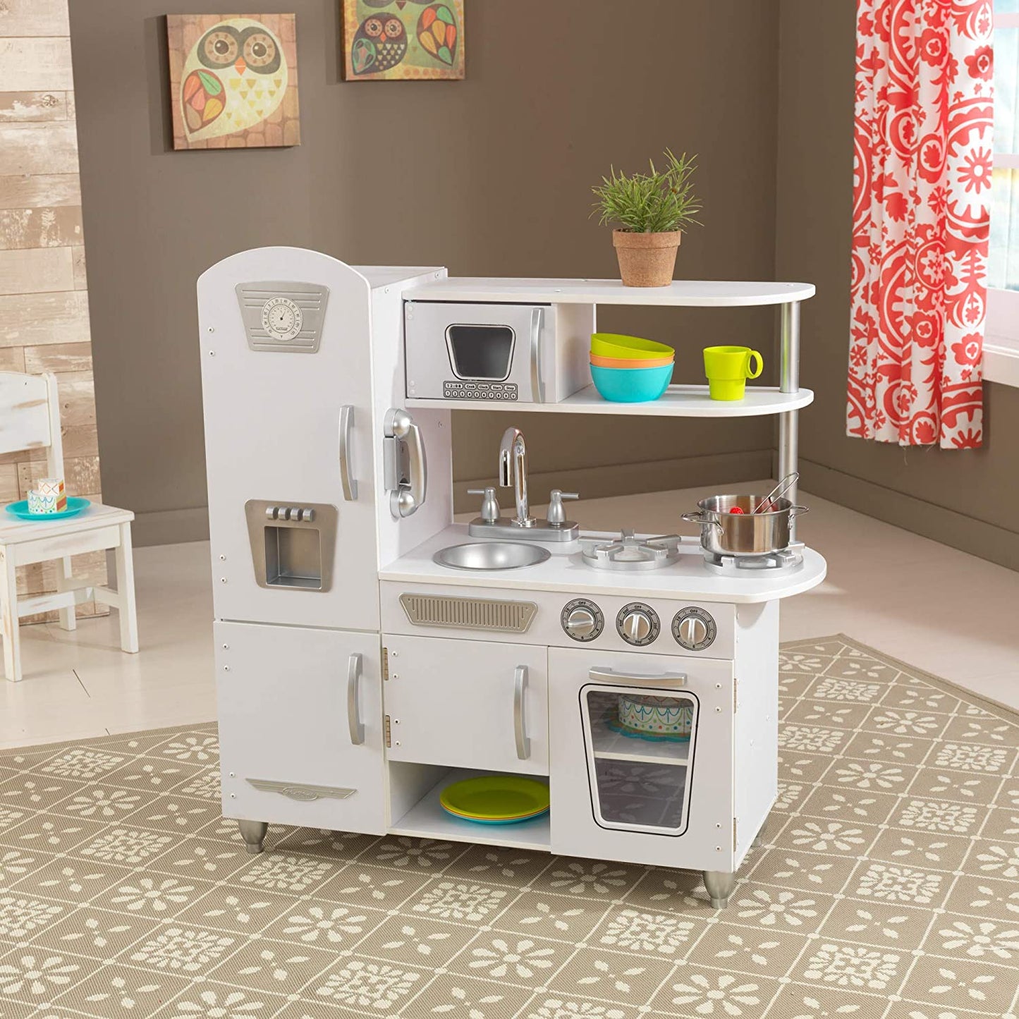 Vintage Wooden Play Kitchen with Pretend Ice Maker and Play Phone, White