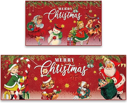 Absorbent Plaid Buffalo Santa Snowman Kitchen Mats, 47 x 17 Inch, 29 x 17 Inch (Vintage)